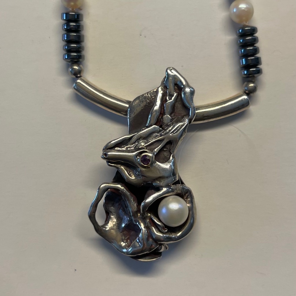 One Of A Kind Handmade Hematite , Pearl And Sterling Freeform Necklace